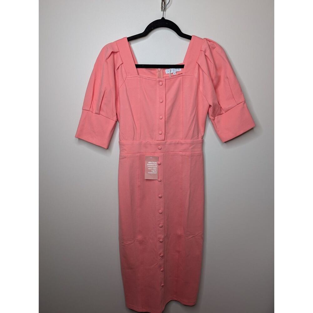 Ivy City Co Lindsay Button Front Midi Dress Women's size SMALL Coral Sleeves